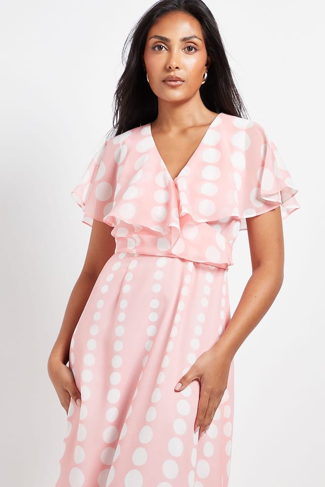 Wallis Wallis Women's Petite Chiffon Polka Dot Border Cape Sleeve Midi Dress in Blush - 2