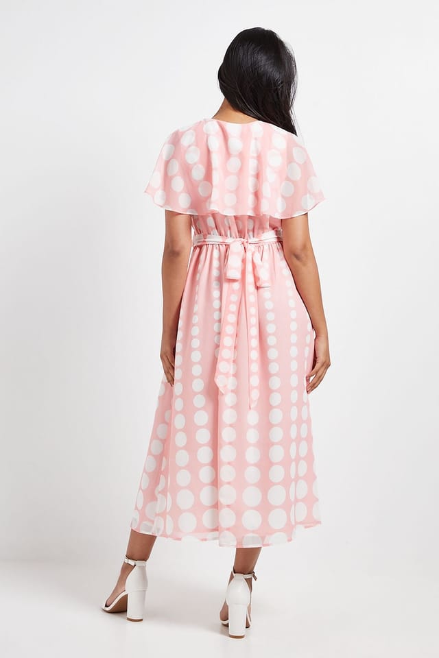 Wallis Wallis Women's Petite Chiffon Polka Dot Border Cape Sleeve Midi Dress in Blush - 3