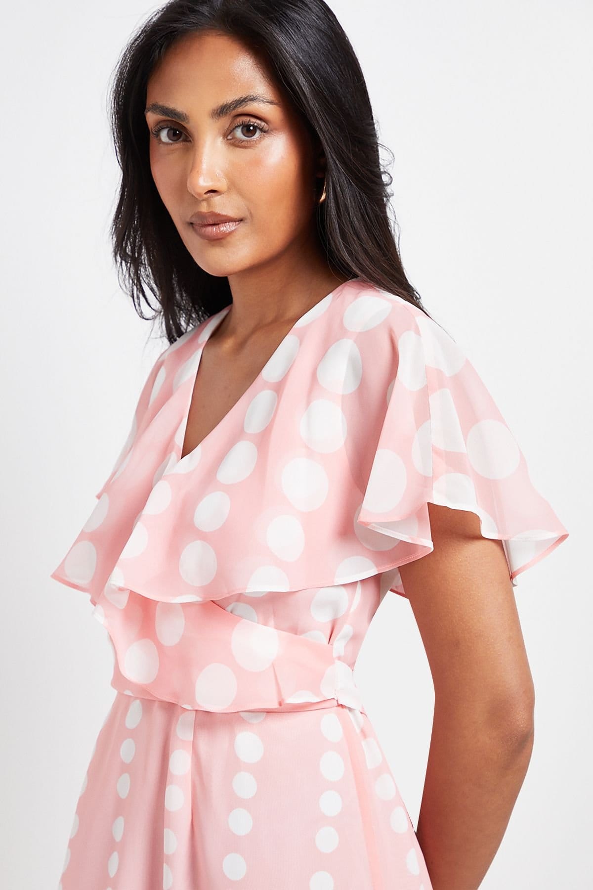 Wallis Wallis Women's Petite Chiffon Polka Dot Border Cape Sleeve Midi Dress in Blush - 4