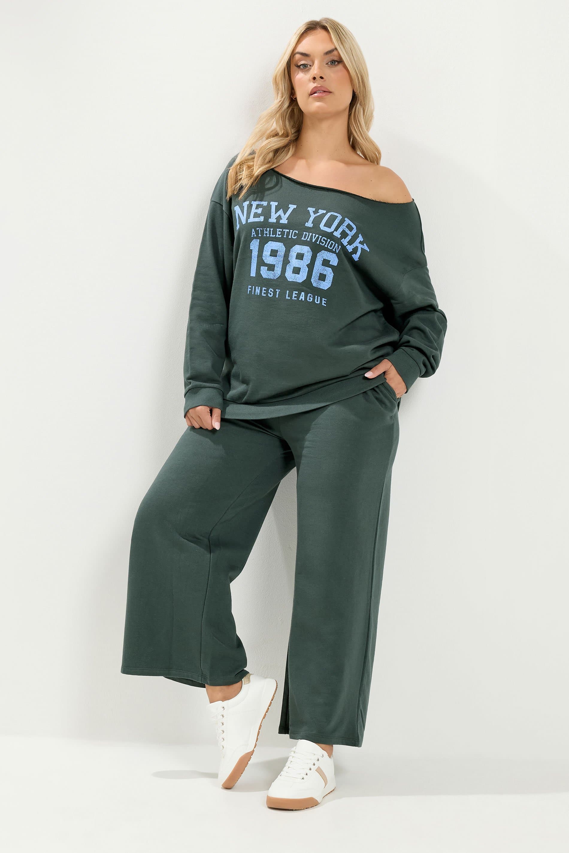 Yours Plus Size Grey 'New York' Off Shoulder Sweatshirt & Jogger Set