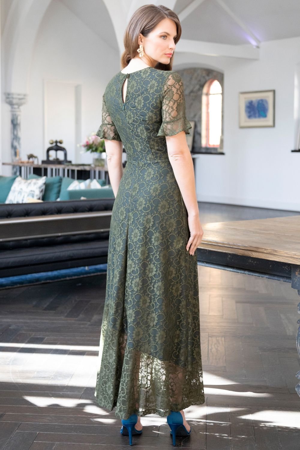 Hot Squash Hot Squash Women's Keyhole Lace Dress with Asymmetric Hem in Khaki - 4