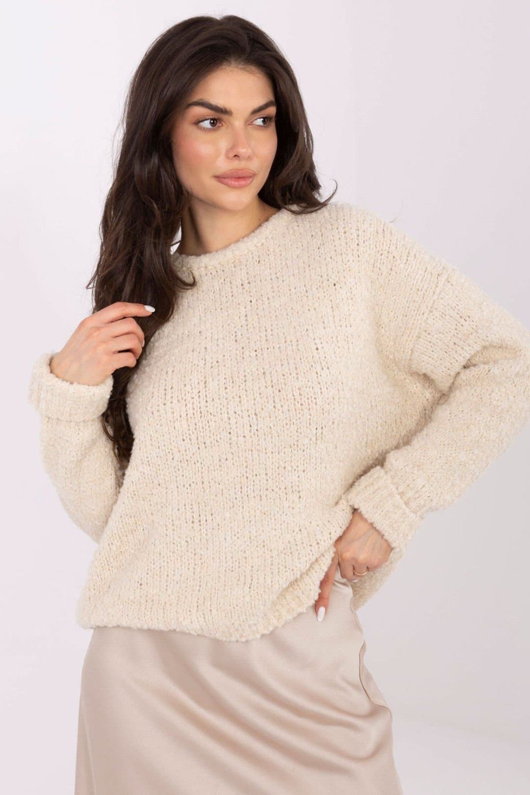 Love Lace Love Lace Beige Textured Round Neck Cozy Knit Sweater