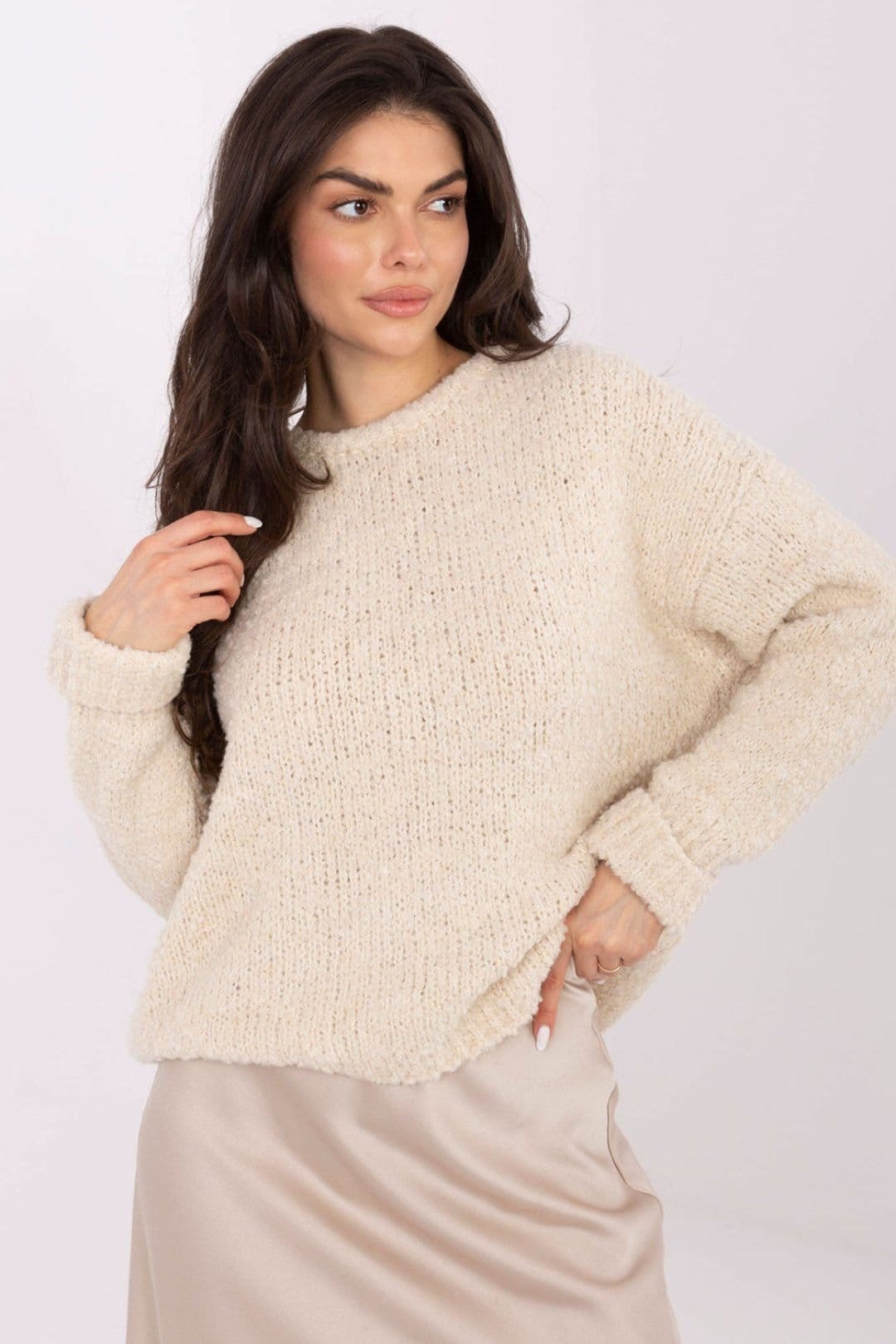 Love Lace Beige Textured Round Neck Cozy Knit Sweater