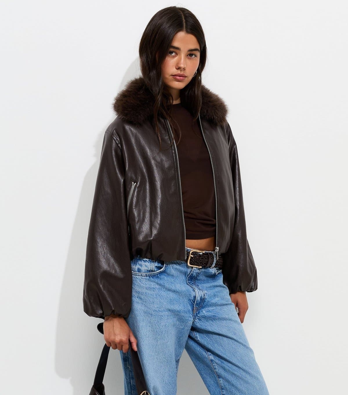 New Look Women's Dark Brown Faux Fur Collar Faux Leather Bomber Jacket New Look