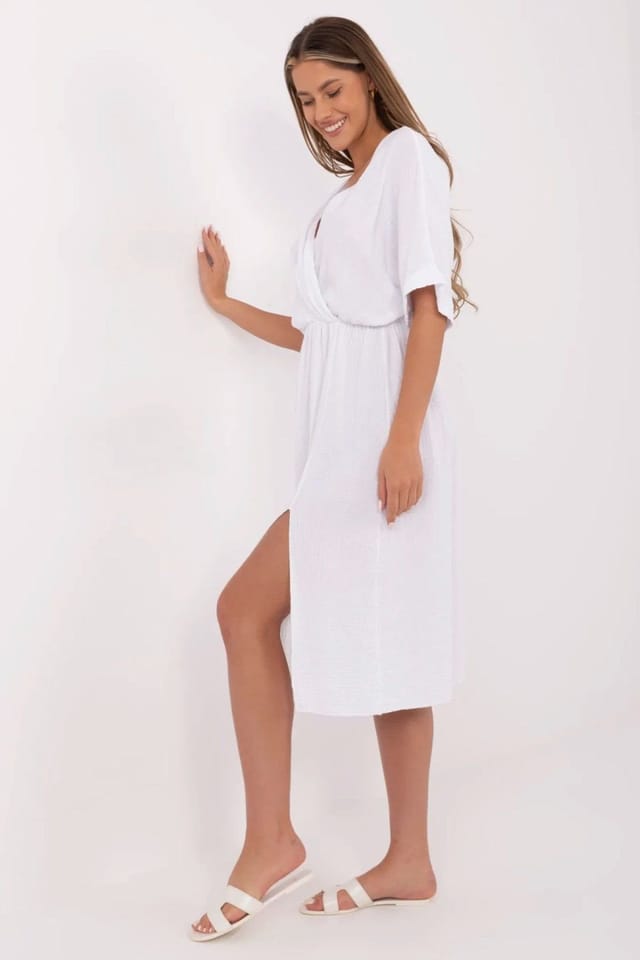 Love Lace Love Lace Women's Cotton Muslin Wrap Midi Dress with Flared Fit in White - 2