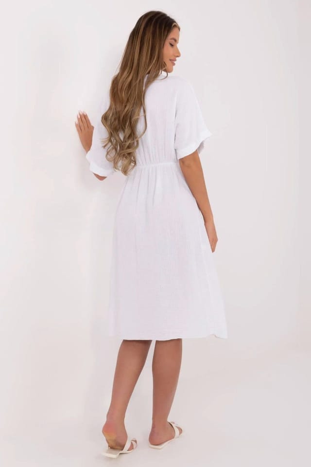 Love Lace Love Lace Women's Cotton Muslin Wrap Midi Dress with Flared Fit in White - 3