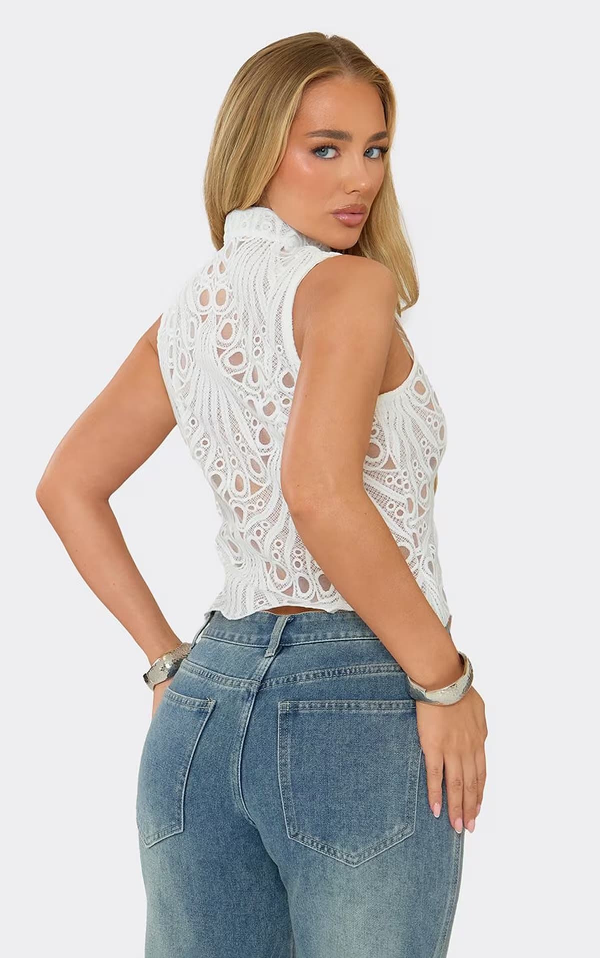 EGO High Neck Bow Detail Sleeveless Top In White, Women's Size UK S/M