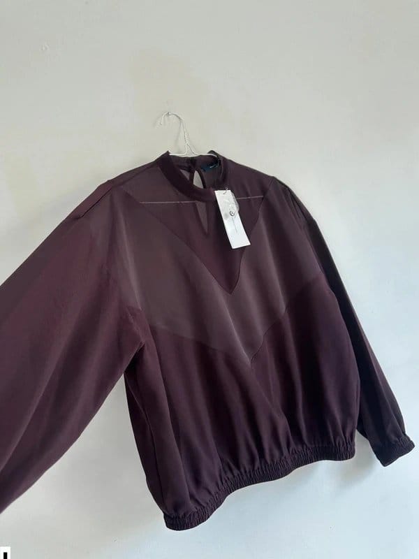 French Connection Burgundy Satin Chiffon Puff Sleeve Blouse
