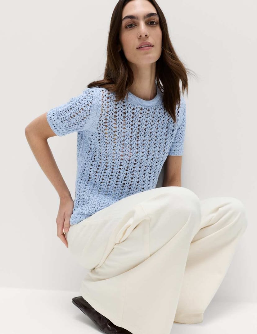 Marks & Spencer M&S Cotton Rich Textured Knitted Top Faded Blue - 1