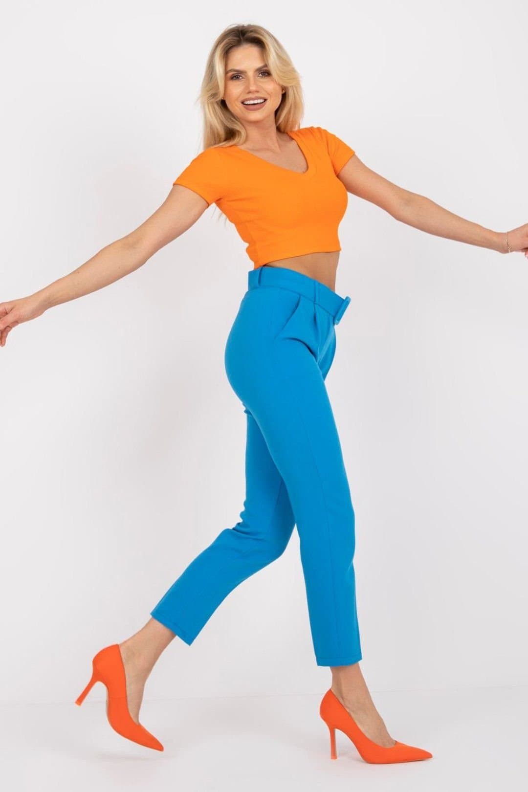 Love Lace Love Lace Women's High Waisted Trousers with Zip Buttons & Belt in Blue