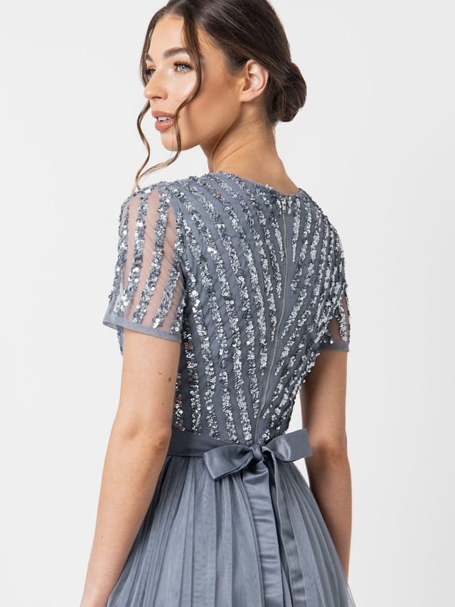 Maya Deluxe Maya Deluxe Women's Belted Stripe Embellished Maxi Dress in Blue - 2