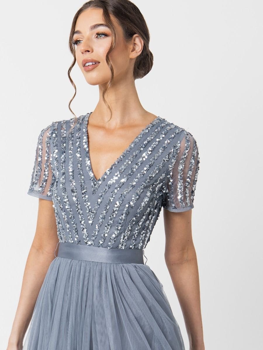 Maya Deluxe Maya Deluxe Women's Belted Stripe Embellished Maxi Dress in Blue - 4