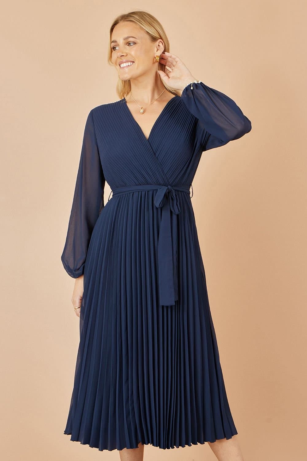 Yumi Yumi Women's Navy Pleated Wrap Midi Dress With Sheer Long Sleeves