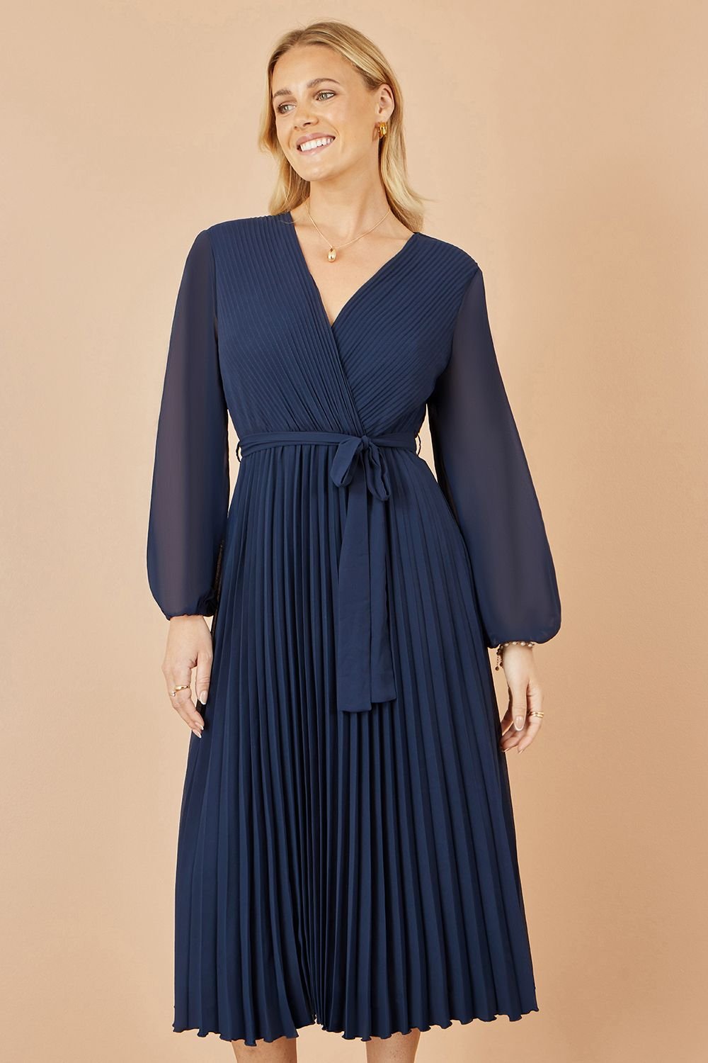 Yumi Yumi Women's Navy Pleated Wrap Midi Dress With Sheer Long Sleeves - 2