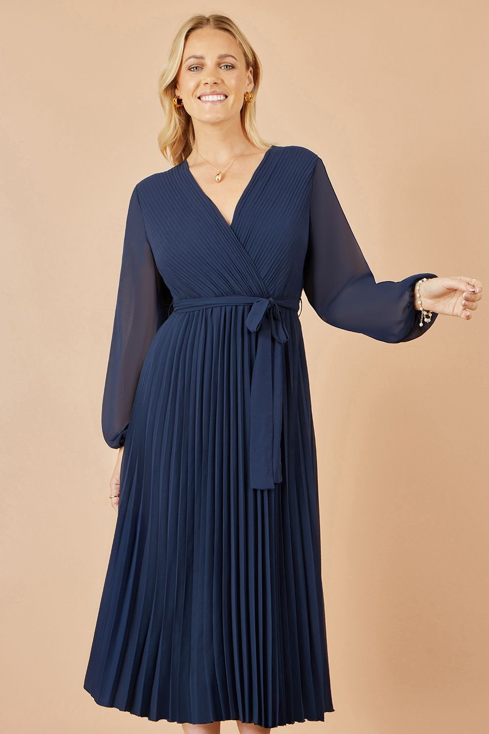 Yumi Yumi Women's Navy Pleated Wrap Midi Dress With Sheer Long Sleeves - 3