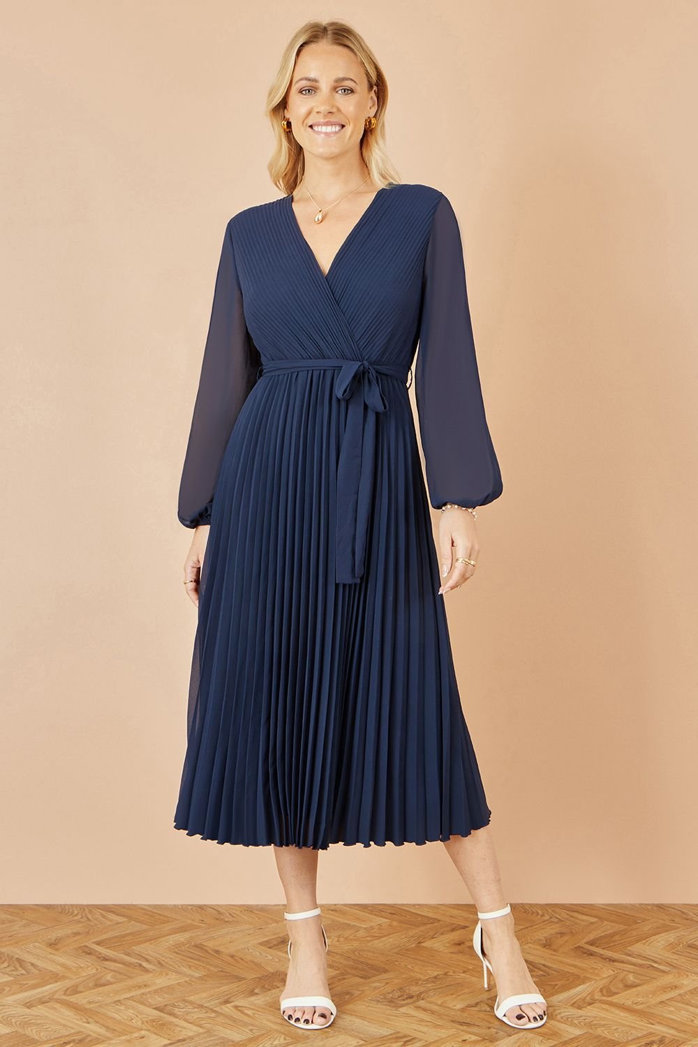 Yumi Yumi Women's Navy Pleated Wrap Midi Dress With Sheer Long Sleeves - 4
