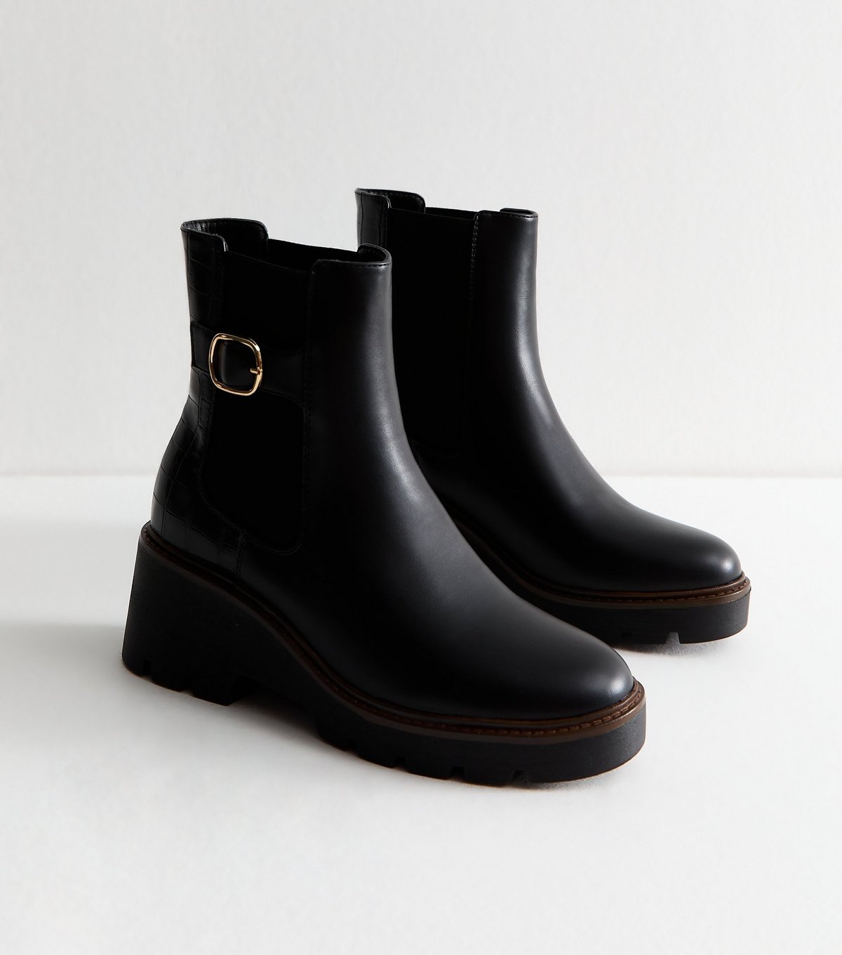 New Look Women's Black Faux Leather Wedge Chelsea Boots Vegan New Look - 4