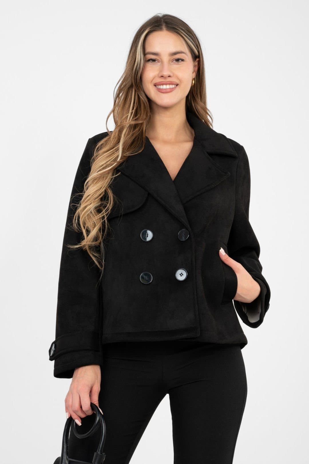 Love Lace Love Lace Women's Suede Short Double Breasted Transitional Coat Style 224727 in Black
