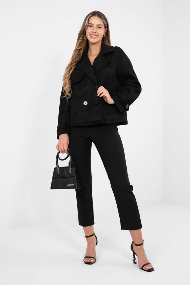 Love Lace Love Lace Women's Suede Short Double Breasted Transitional Coat Style 224727 in Black - 2