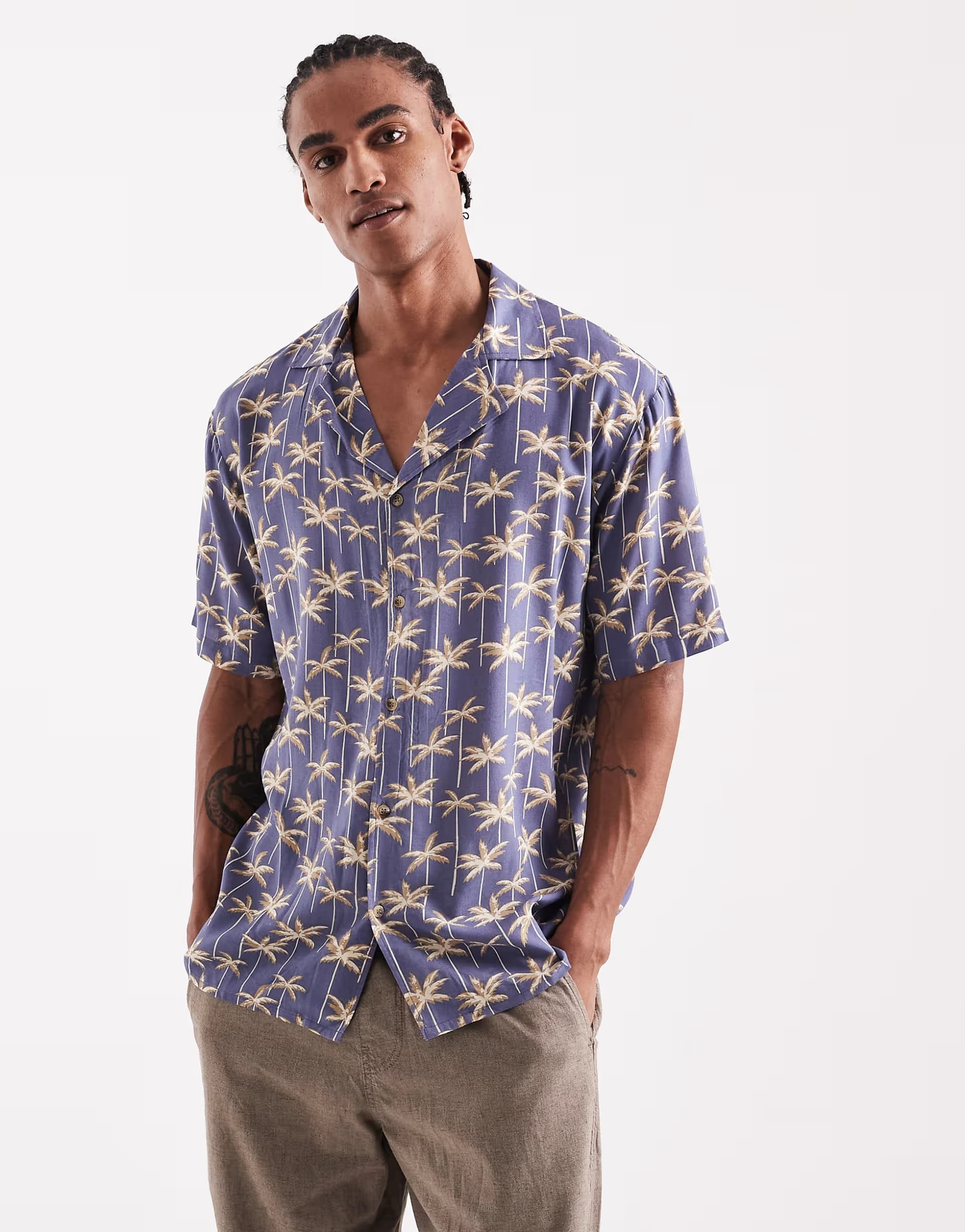 ASOS Sol Beach leaf print beach shirt in navy