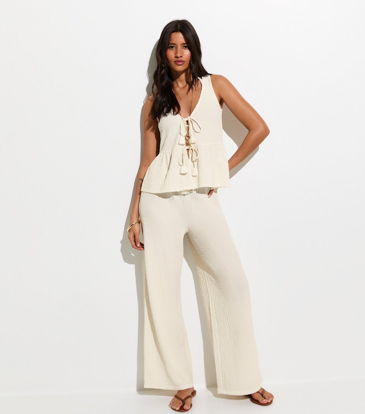 New Look Women's Off White Textured Jersey Peplum Beach Top New Look - 4