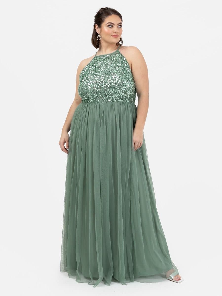 Maya Deluxe Maya Deluxe Women's Embellished Halter Neck Maxi Dress in Dark Green