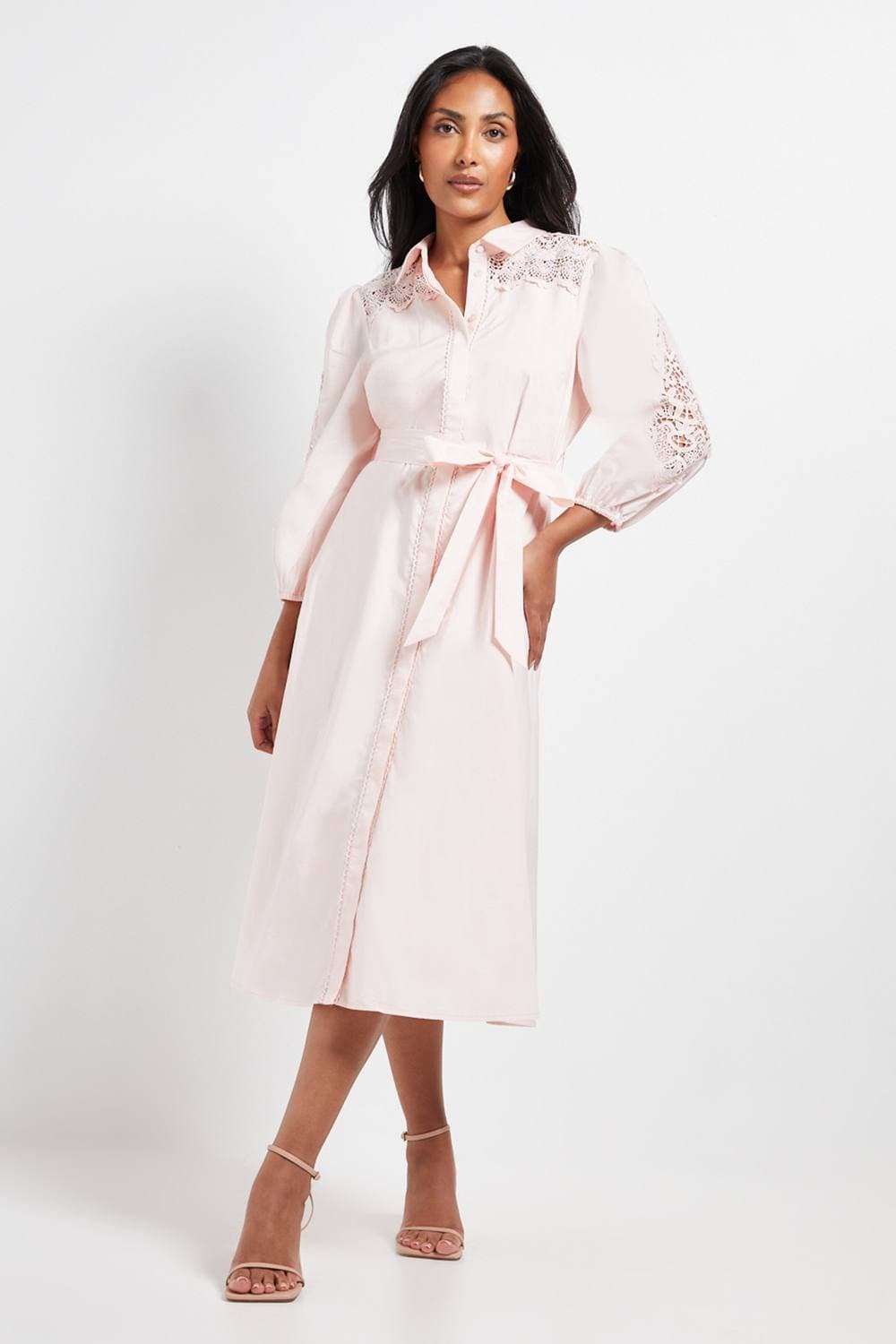 Wallis Wallis Women's Petite Occasion Cotton Cutwork Detail Shirt Dress in Blush