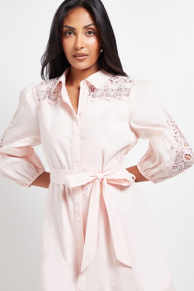 Wallis Wallis Women's Petite Occasion Cotton Cutwork Detail Shirt Dress in Blush - 2