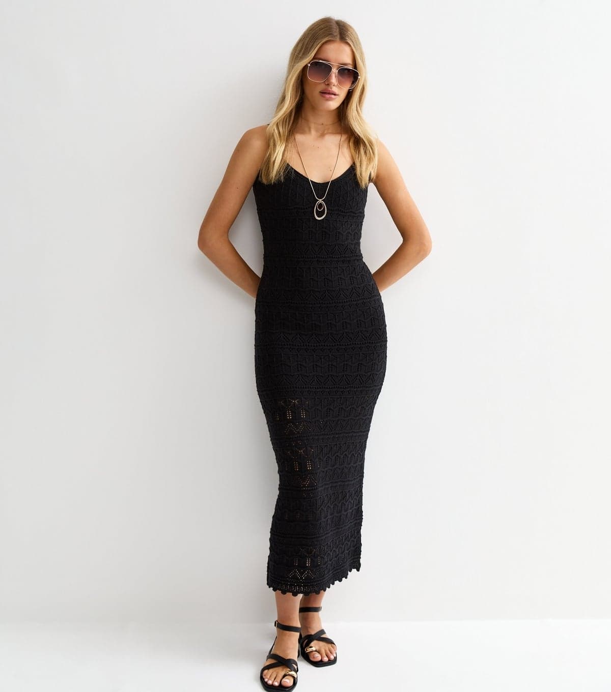 New Look Women's Black Cotton Rich Open Knit V-Neck Midi Dress New Look