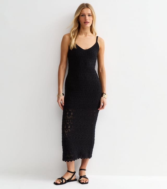 New Look Women's Black Cotton Rich Open Knit V-Neck Midi Dress New Look - 3