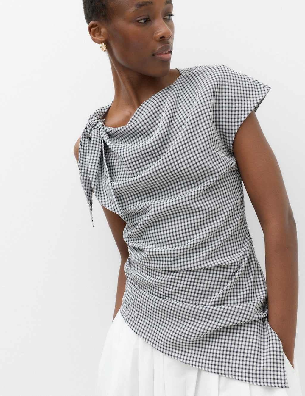 Marks & Spencer M&S Lyocell Rich Gingham Draped Top Navy Mix
