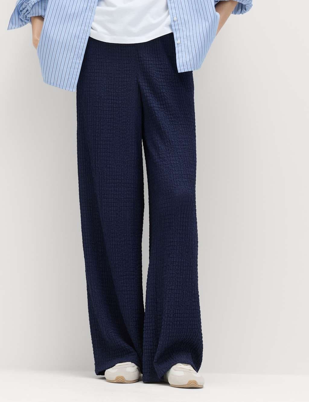 Marks & Spencer M&S Textured Pull On Wide Leg Trousers Navy