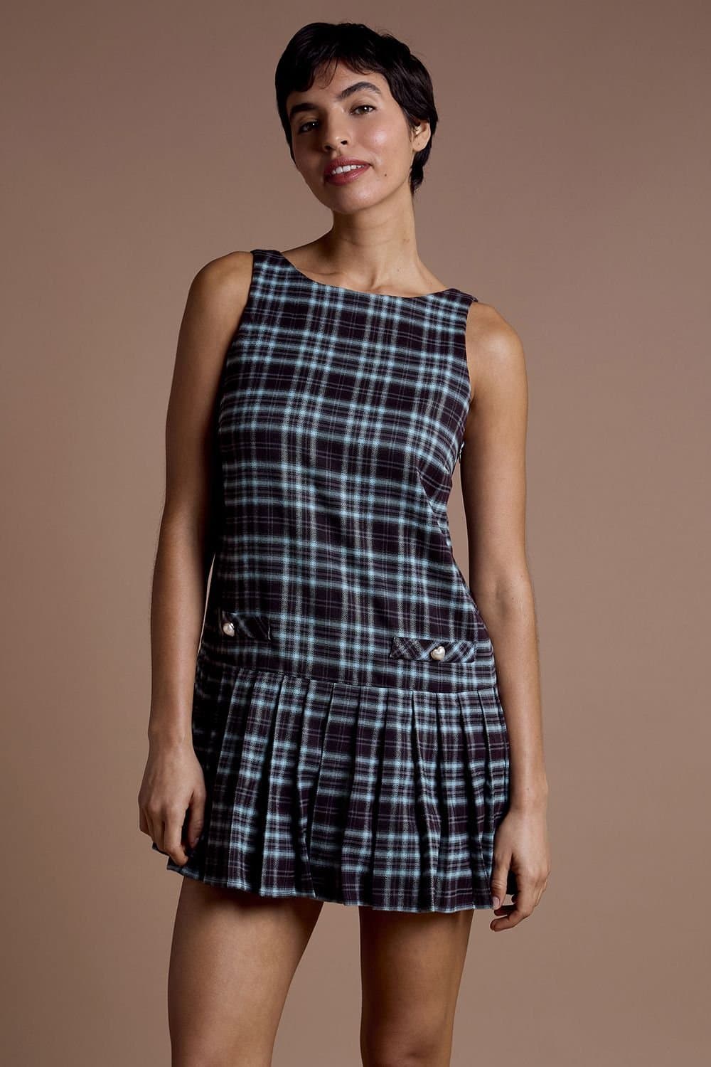 Neon Rose Neon Rose Women's Brown Tartan Check Pleated Mini Pinafore Dress