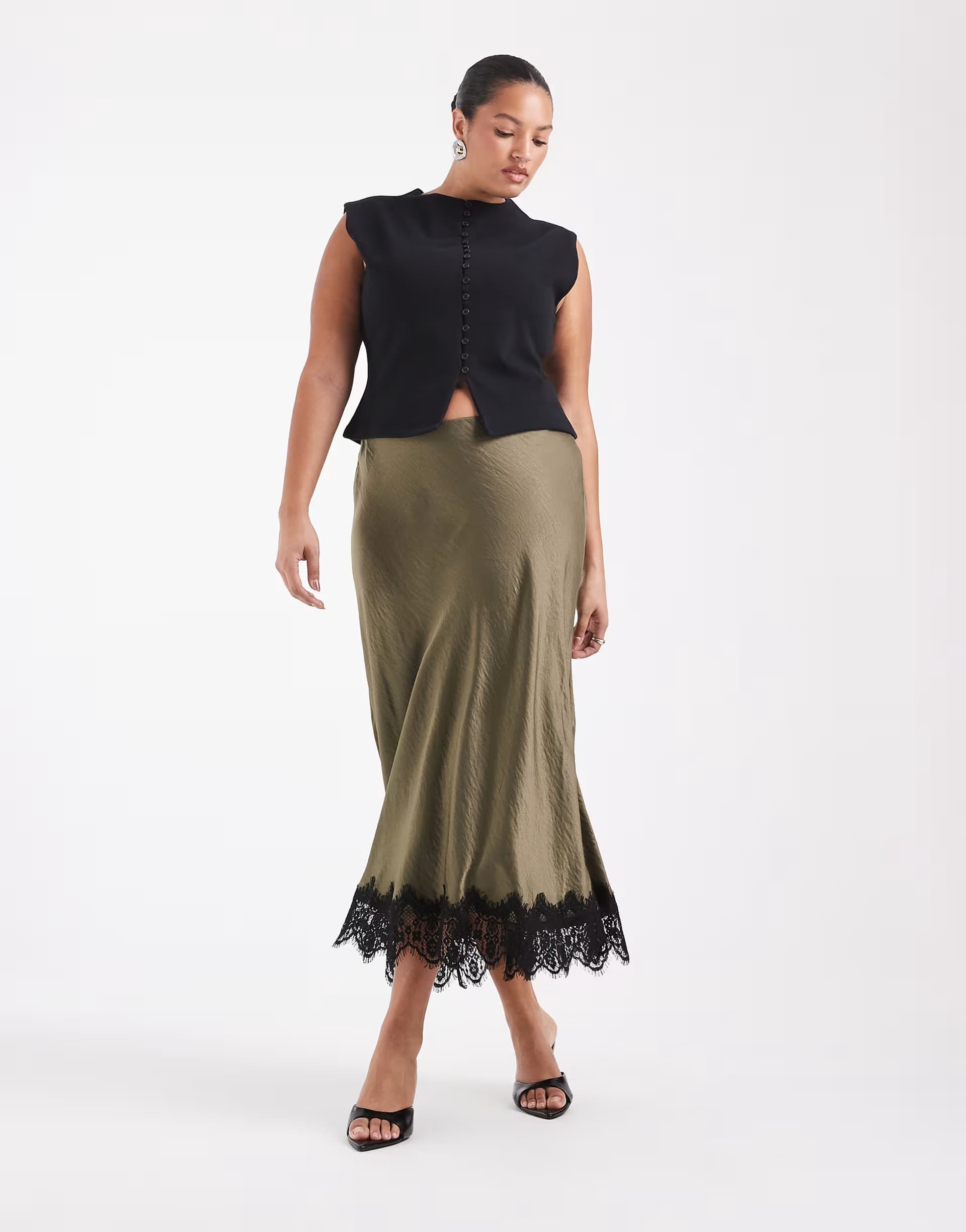 ASOS Vero Moda Curve satin midi skirt with lace detail hem in dark green