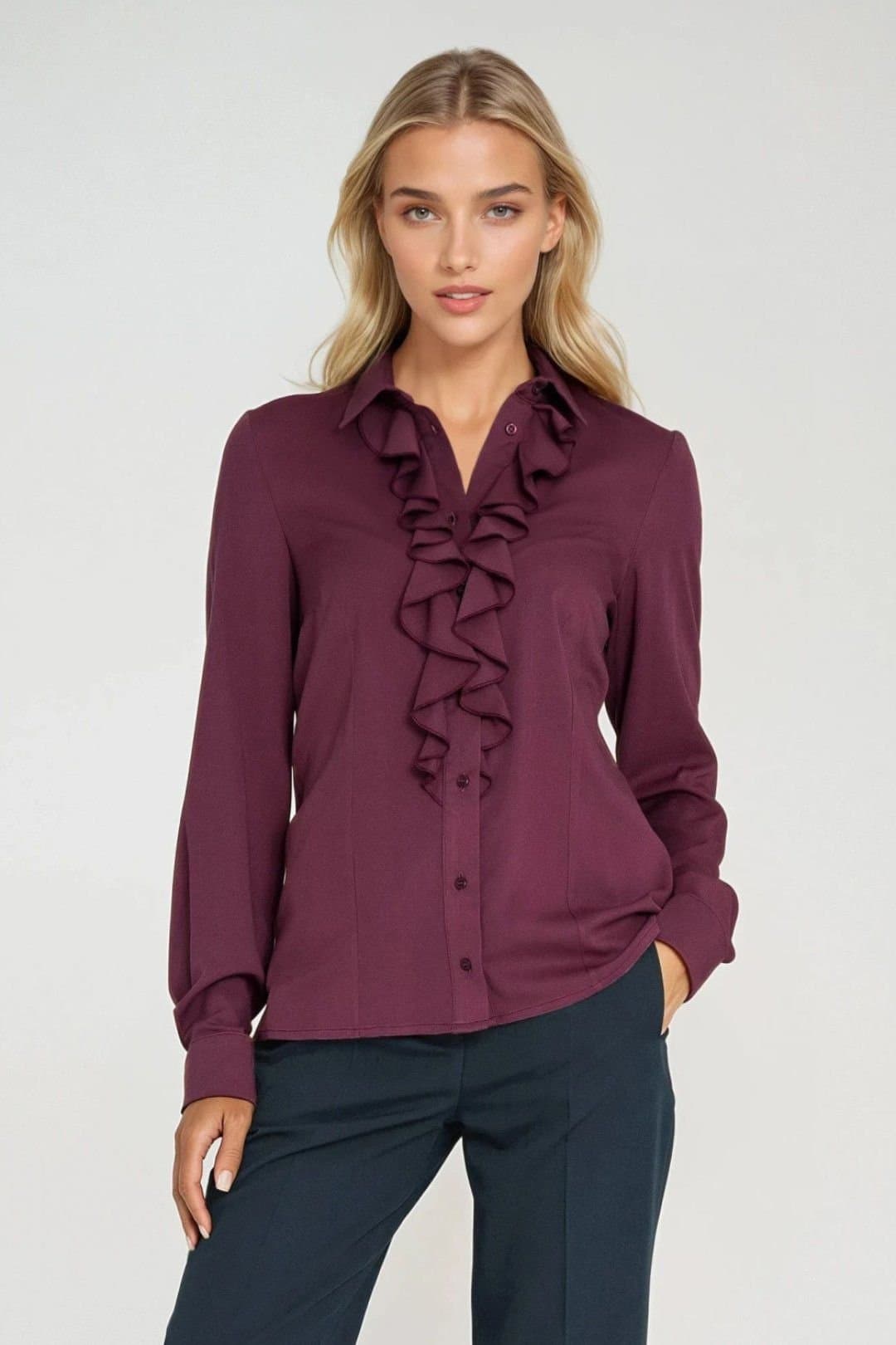 Love Lace Love Lace Women's Tailored Long Sleeve Shirt With Jabot Collar in Violet
