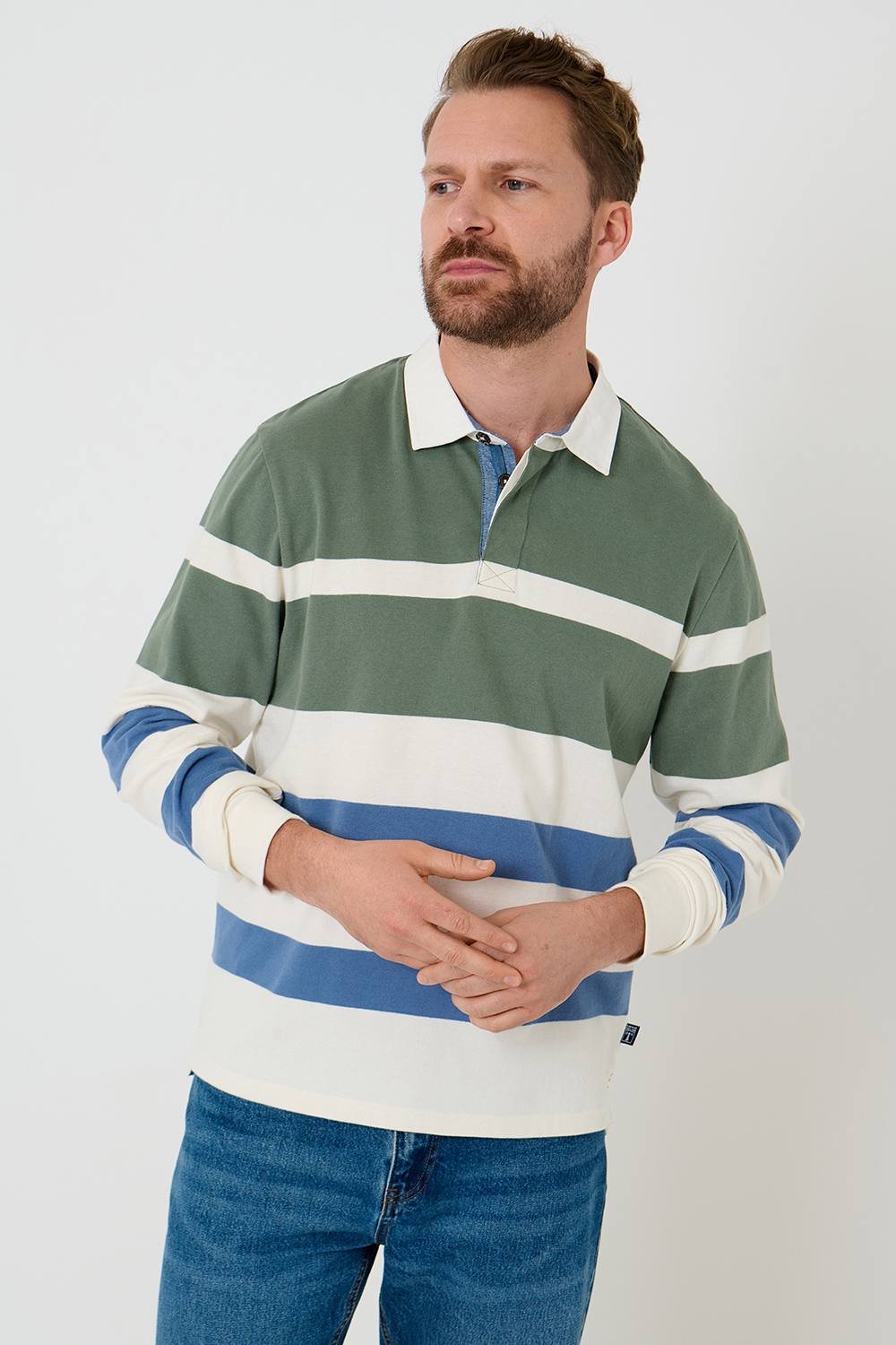 Saltwell Saltwell Men's Stripe Cotton Long Sleeve Polo Shirt in Green - 2