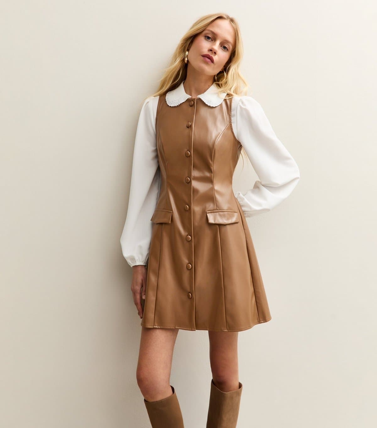 New Look Women's Brown Faux Leather Button Through Sleeveless Mini Dress New Look