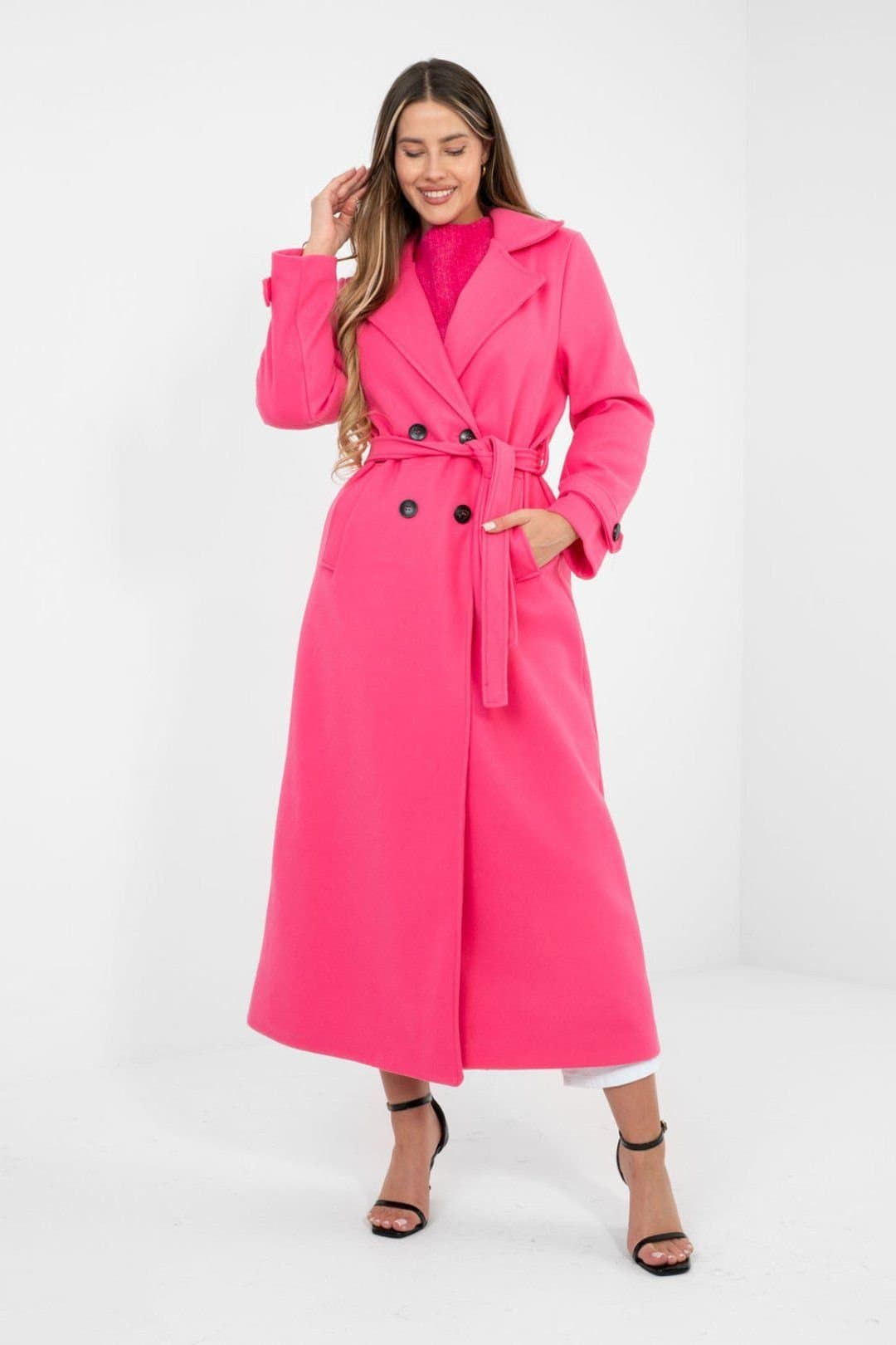 Love Lace Love Lace Women's Long Double Breasted Polyester Coat with Belt in Pink