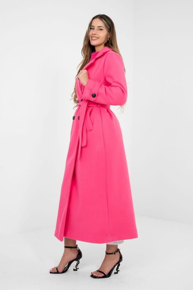 Love Lace Love Lace Women's Long Double Breasted Polyester Coat with Belt in Pink - 2