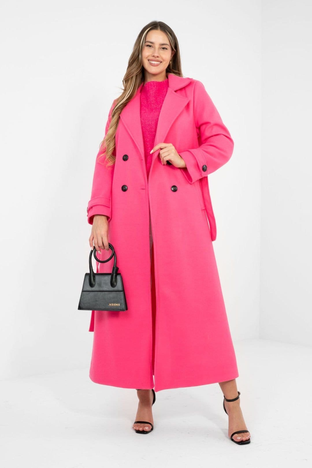 Love Lace Love Lace Women's Long Double Breasted Polyester Coat with Belt in Pink - 4