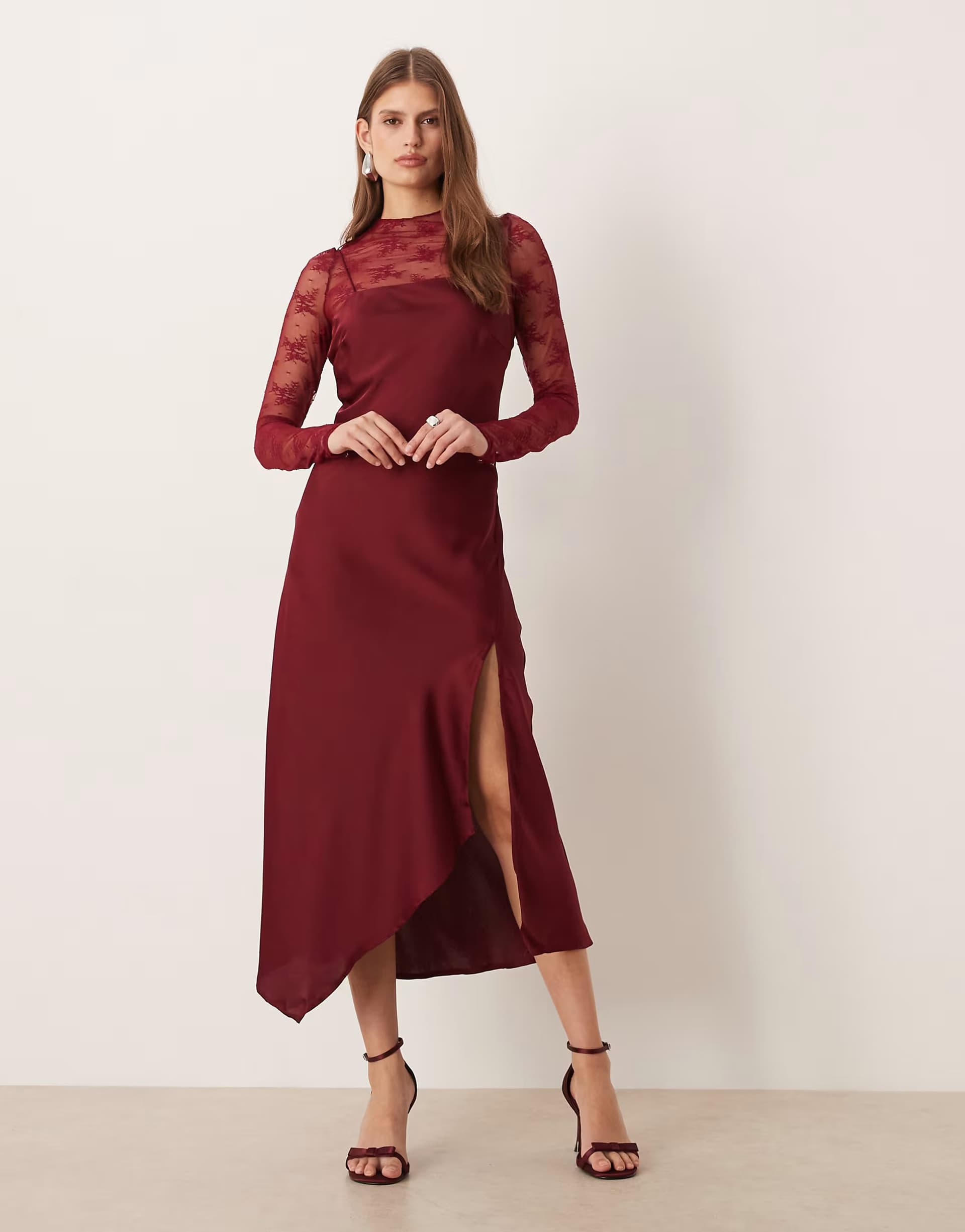 ASOS YAS hybrid high neck lace top and satin slip dress in cabernet red