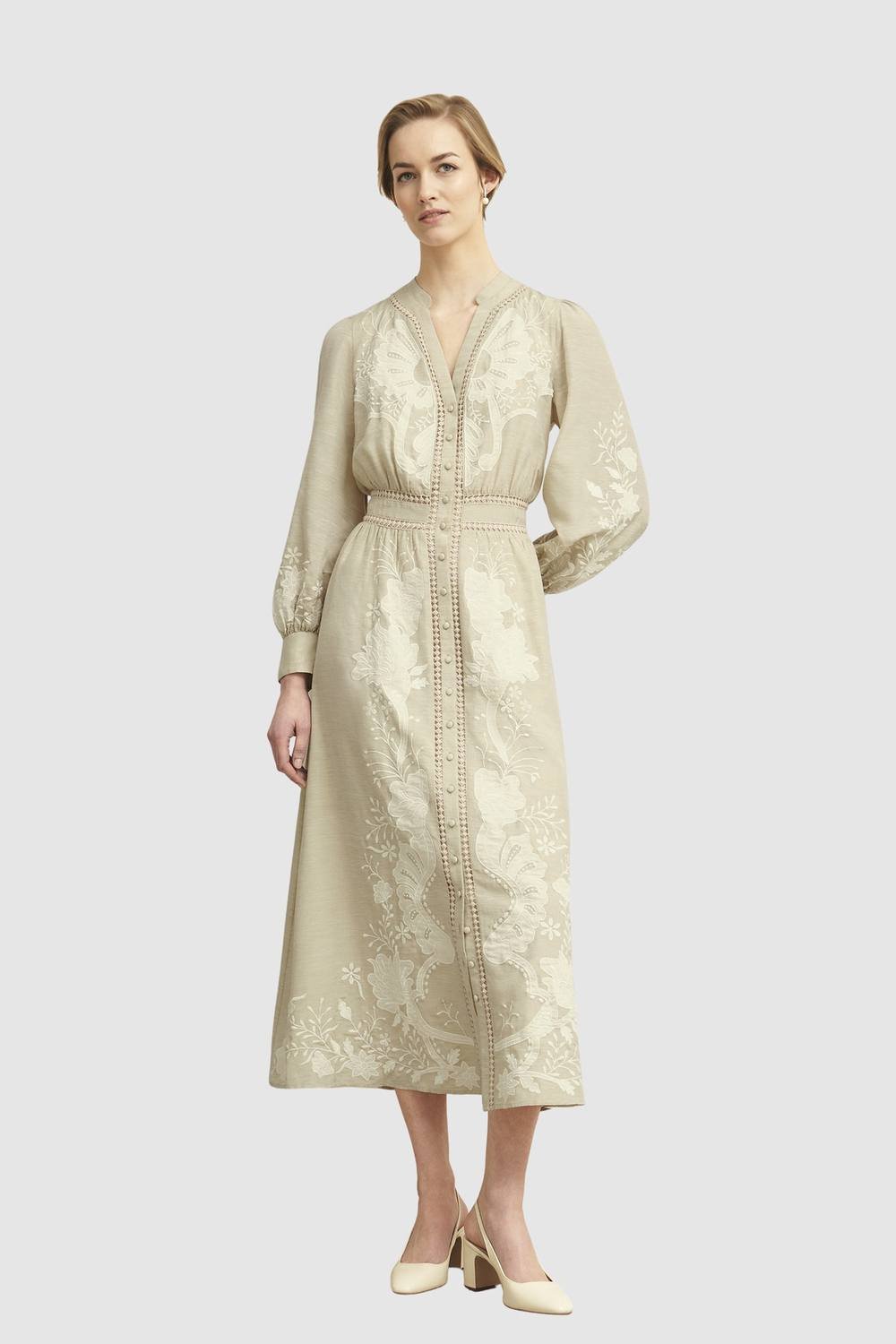 Hobbs London Hobbs London Women's Frida Embroidered Dress in Light Beige - 3