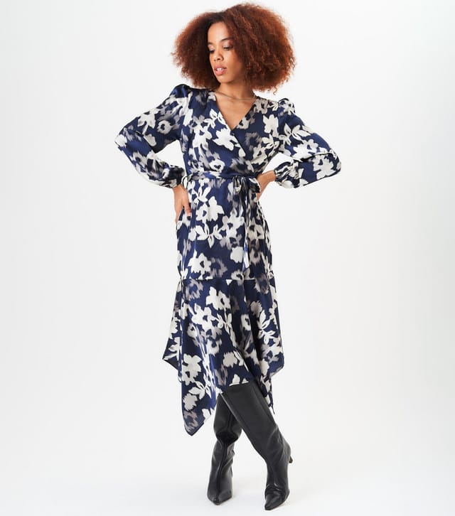 Gini London Women's Navy Floral Print Asymmetric Hem Midi Dress Gini London New Look - 3