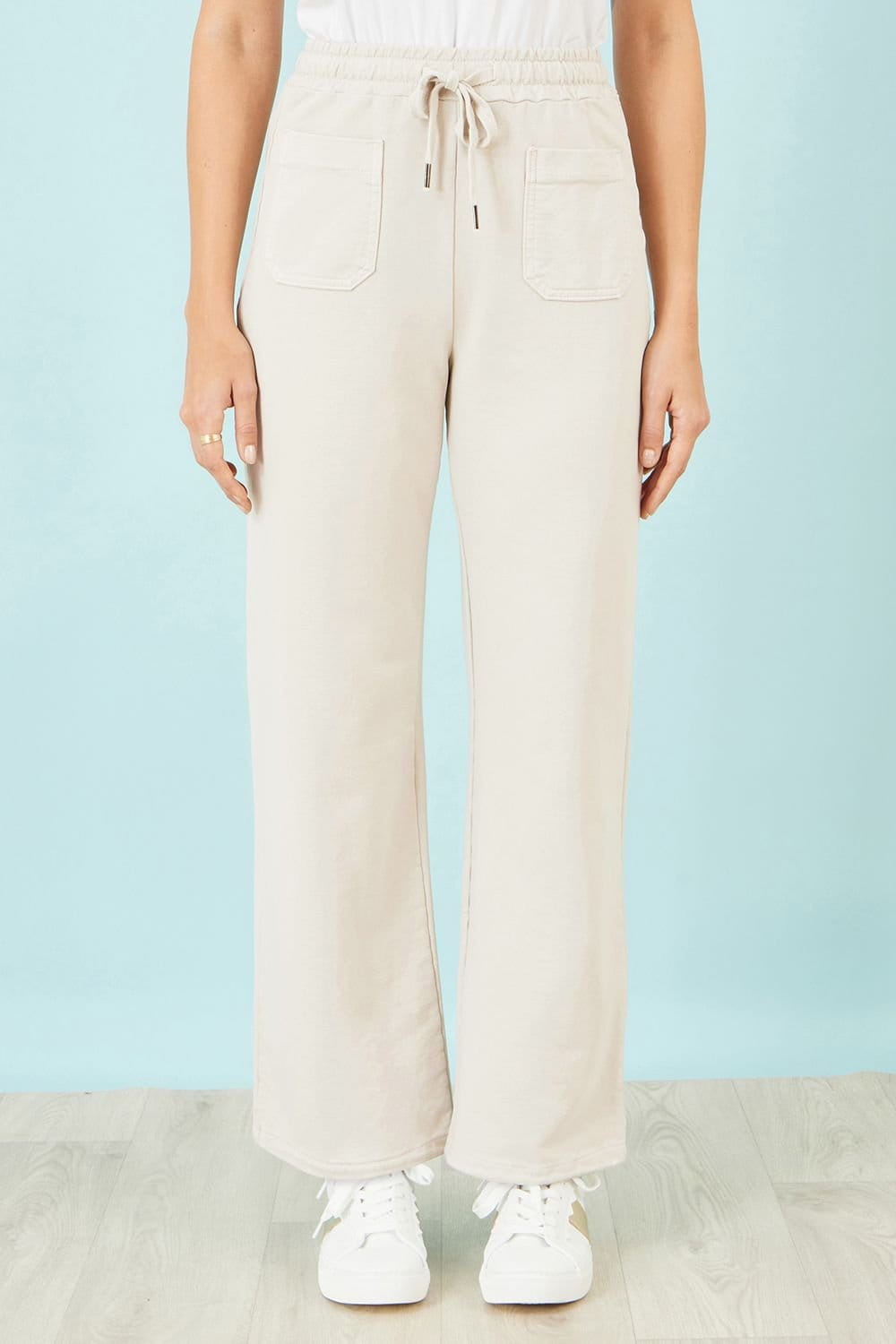 Yumi Beige Relaxed Stretch Wide Leg Trousers