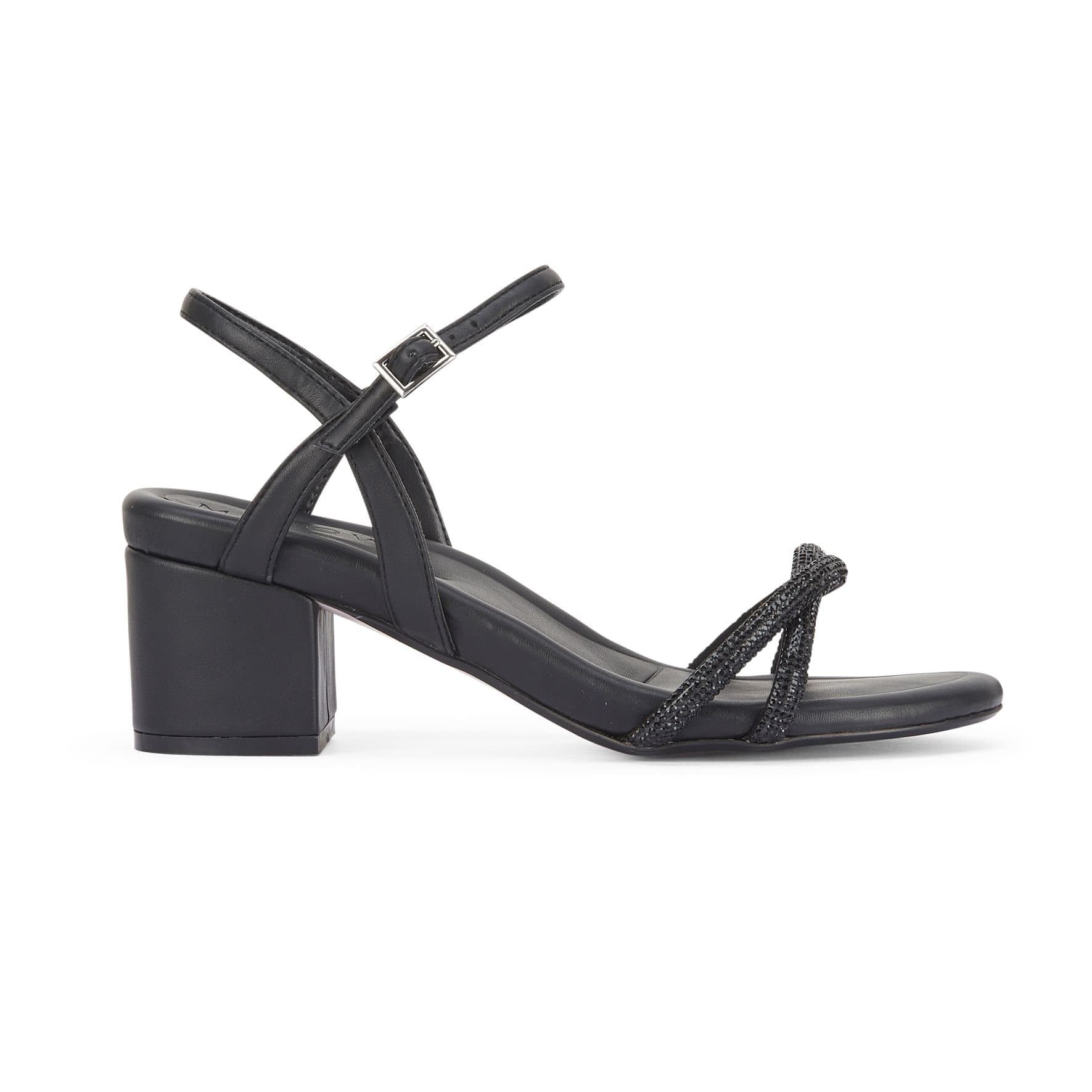 MALOW LONDON MALOW LONDON Women's Lana Heeled Sandals Buckle Strap PU Open Toe Block Heel Shoes in Black