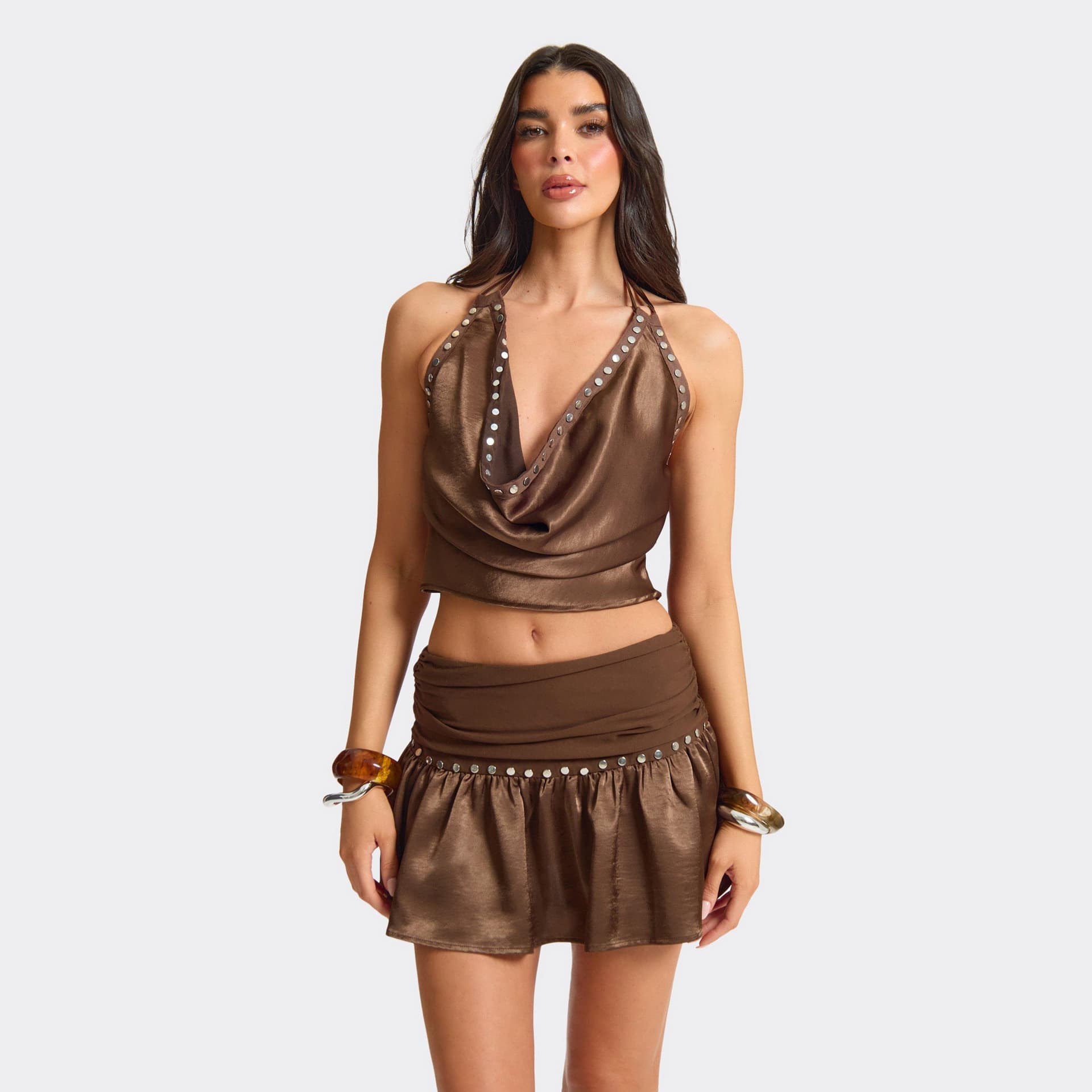 EGO EGO Brown Satin Studded Jersey Waist Mini Skirt