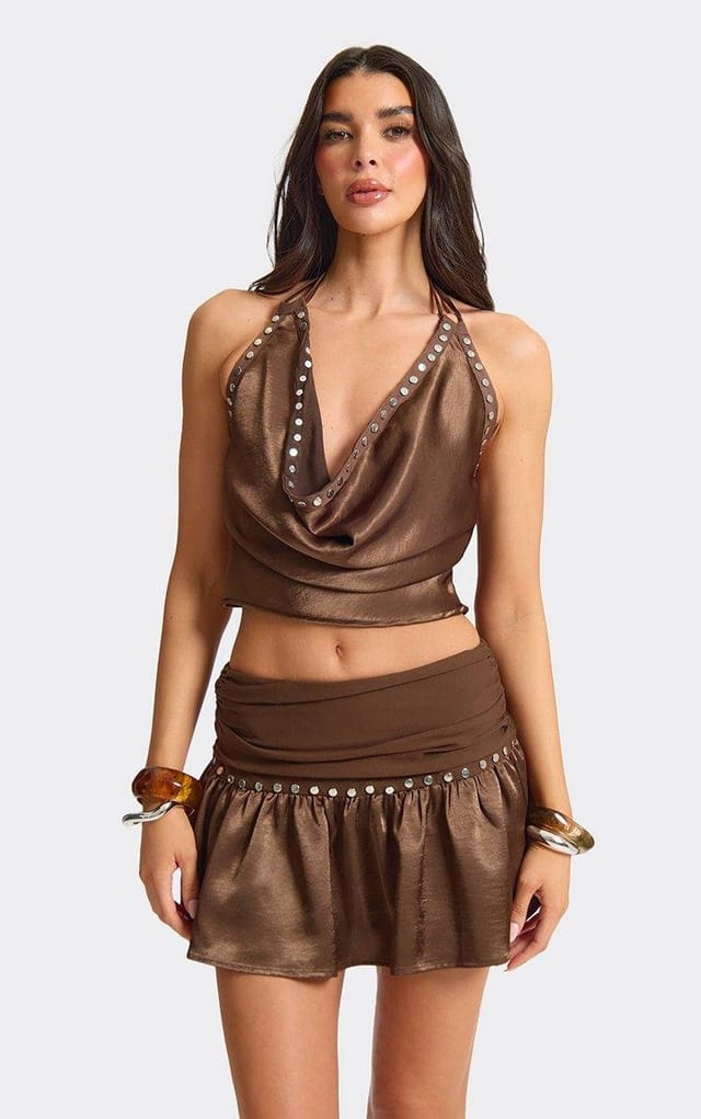 EGO Jersey Waist Studded Mini Skirt In Brown Satin, Women's Size UK L - 2
