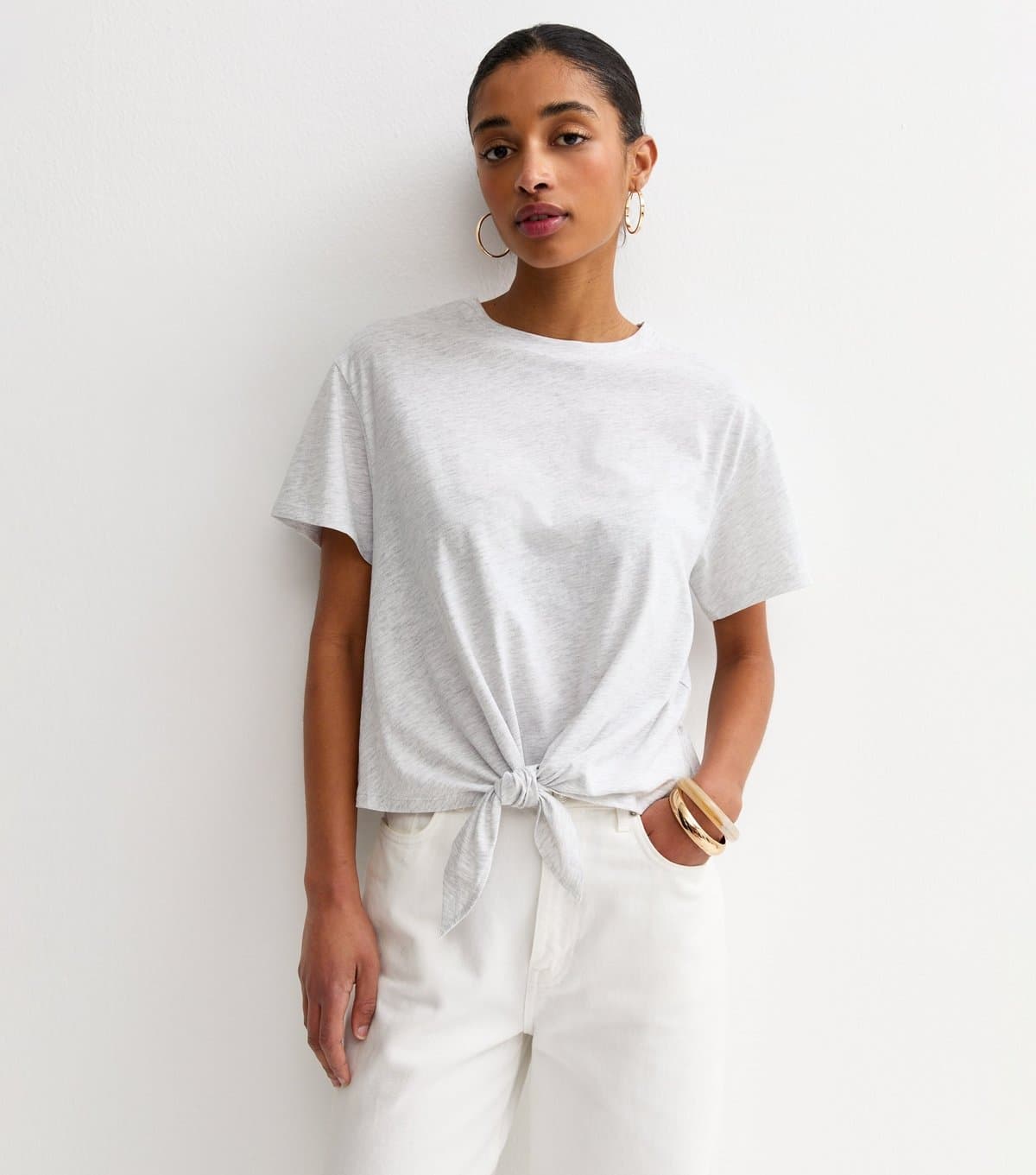 New Look Women's Light Grey Tie Front T-Shirt New Look