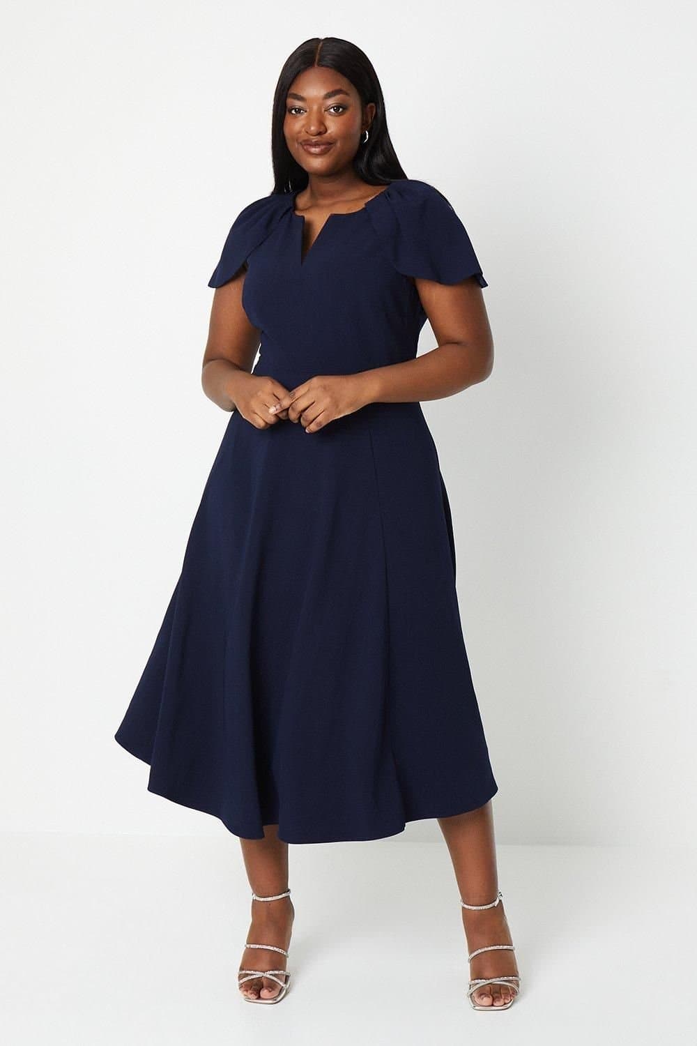 Coast Coast Women's Plus V Neck Short Sleeve Ponte Midi Dress in Navy