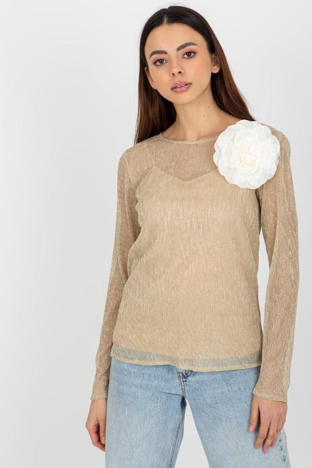 Love Lace Love Lace Women's Long Sleeve Two Piece Blouse Flower Brooch in Beige